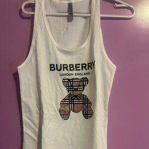 Burberry White Tank Top with Plaid Bear Graphic